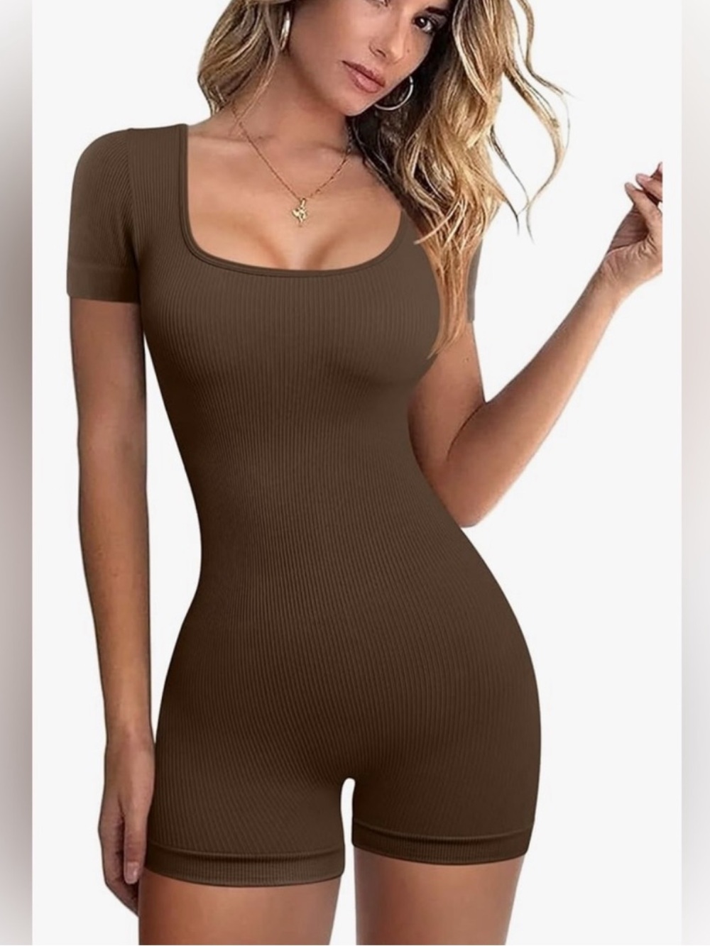 OQQ Square Neck Coffee Brown Ribbed Exercise Romper Size S Activewear